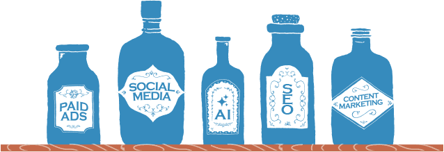 A shelf of apothecary bottles labeled for Brainjar's digital-marketing remedies